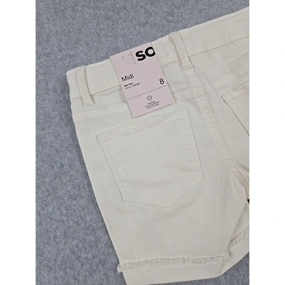 SO Jean Shorts Girls Size 8 Mid Rise Denim Midi Short Distressed Ivory Jeans NWT